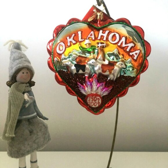 ✨ NEW Authentic Christopher Radko Love OKLAHOMA State Heart Shape Glass Ornament - Picture 3 of 8
